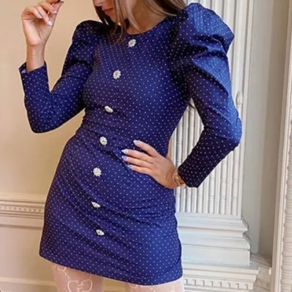 Danielle Bernstein Cotton Navy Polka Dot Mini with Long Puff Sleeves Size Small